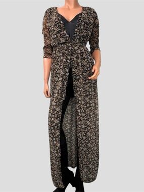 90s Ditsy Floral Brown Button Front Maxi Dress S High Split Duster Indie Sleazy